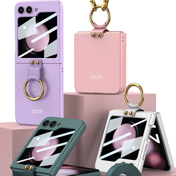 For Samsung Galaxy Z Flip5 GKK Ultra-thin PC Full Coverage Ring Holder Phone Case with Strap(Purple)