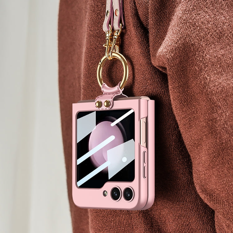 For Samsung Galaxy Z Flip5 GKK Ultra-thin PC Full Coverage Ring Holder Phone Case with Strap(Purple)