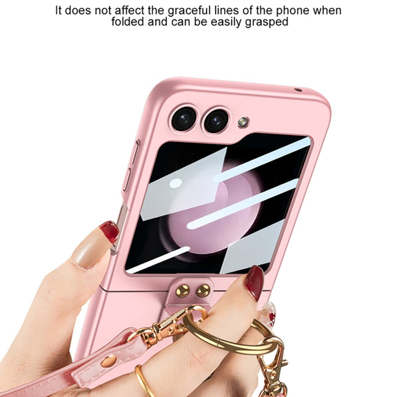 For Samsung Galaxy Z Flip5 GKK Ultra-thin PC Full Coverage Ring Holder Phone Case with Strap(Pink)