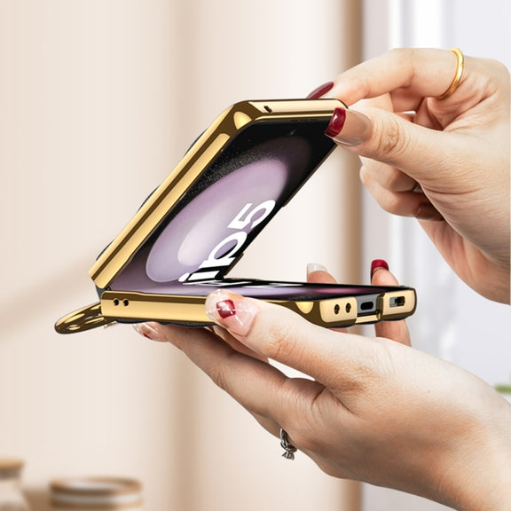 For Samsung Galaxy Z Flip5 GKK Integrated Plating Diamond Texture PU Phone Case with Ring(Pink)