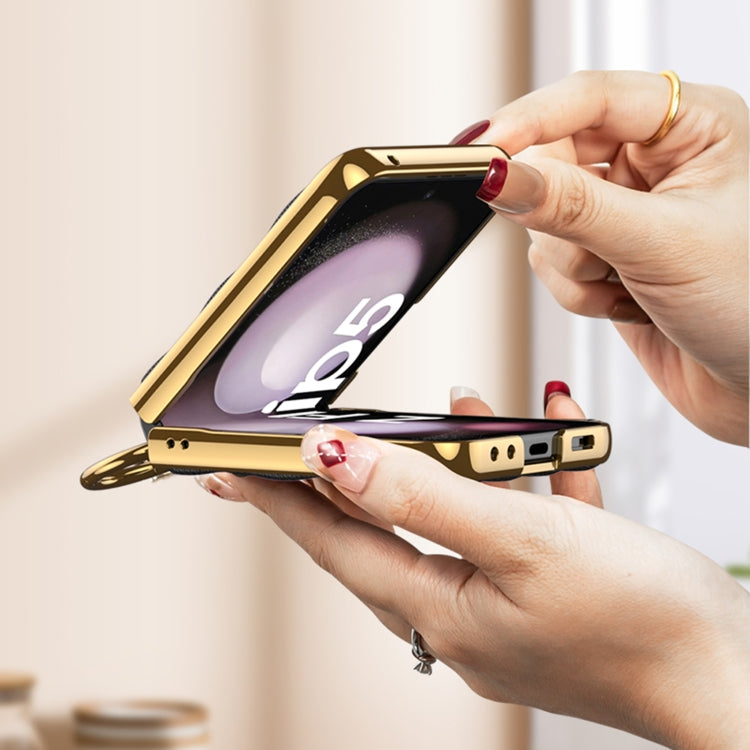 For Samsung Galaxy Z Flip5 GKK Integrated Plating Diamond Texture PU Phone Case with Ring(Pink)