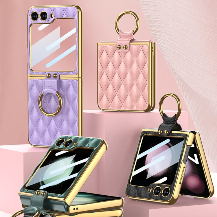 For Samsung Galaxy Z Flip5 GKK Integrated Plating Diamond Texture PU Phone Case with Ring(Purple)