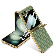 For Samsung Galaxy Z Flip5 GKK Integrated Plating Diamond Texture PU Phone Case with Ring(Matcha Green)
