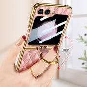 For Samsung Galaxy Z Flip5 GKK Integrated Plating Diamond Texture PU Phone Case with Ring(Matcha Green)
