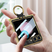 For Samsung Galaxy Z Flip5 GKK Integrated Plating Diamond Texture PU Phone Case with Ring(Matcha Green)