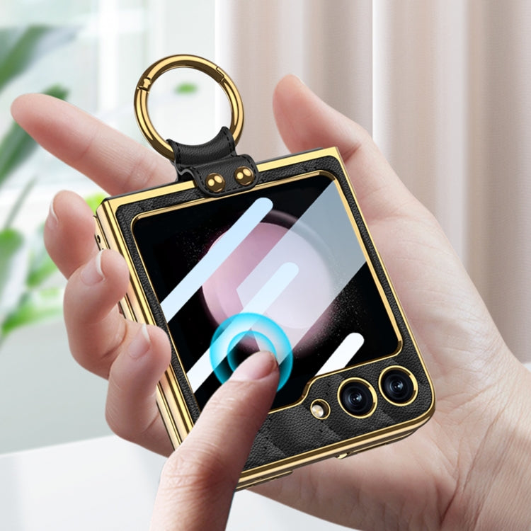 For Samsung Galaxy Z Flip5 GKK Integrated Plating Diamond Texture PU Phone Case with Ring(Matcha Green)