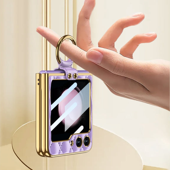For Samsung Galaxy Z Flip5 GKK Integrated Plating Diamond Texture PU Phone Case with Ring(Matcha Green)