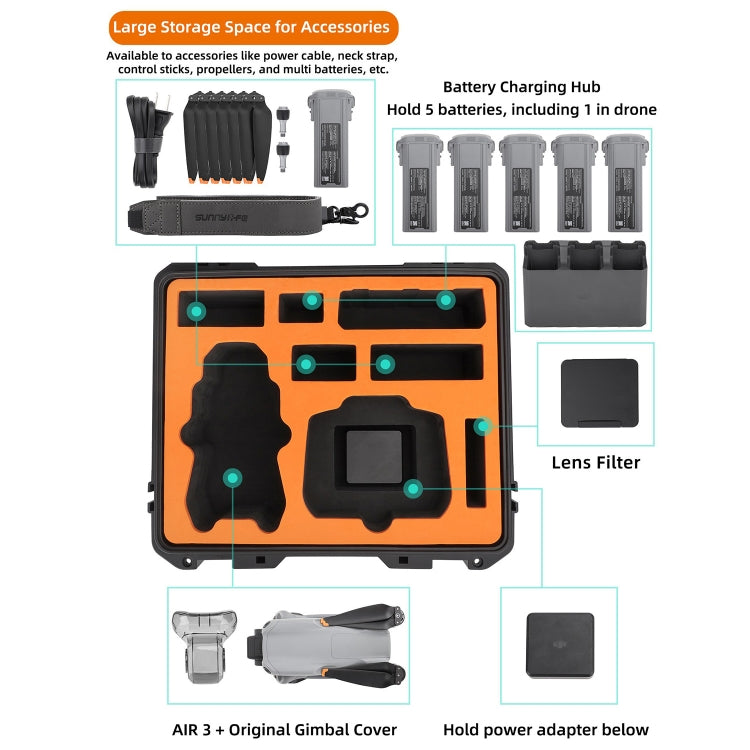 For DJI Air 3 Sunnylife Safety Carrying Case Large Capacity Water-resistant Shock-proof Hard Travel Case Multi-battery Flying Version