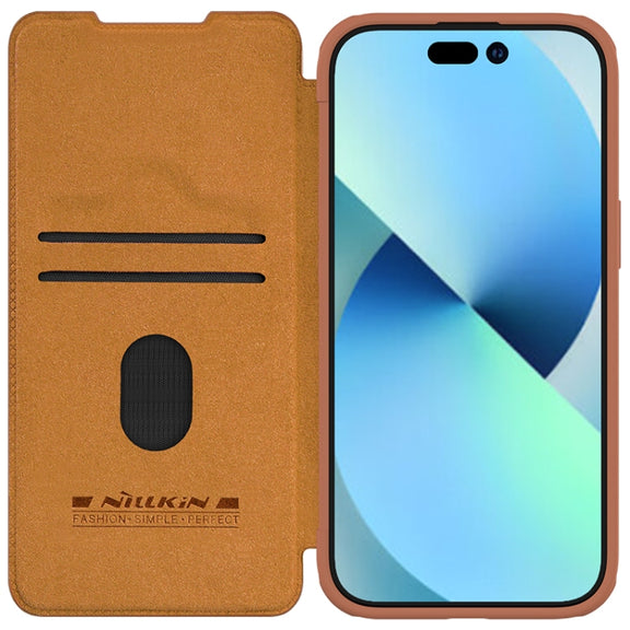For iPhone 15 NILLKIN QIN Series Pro Sliding Camera Cover Design Leather Phone Case(Brown)