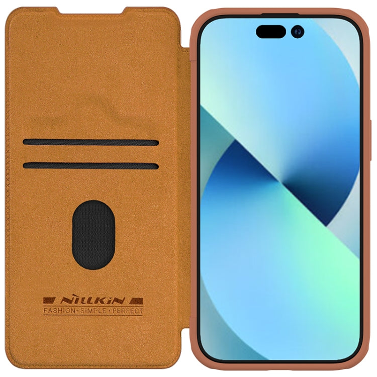 For iPhone 15 NILLKIN QIN Series Pro Sliding Camera Cover Design Leather Phone Case(Brown)