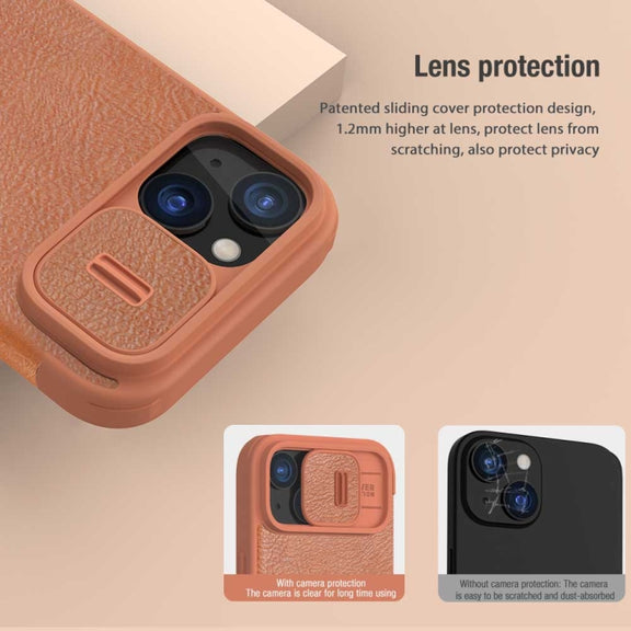 For iPhone 15 NILLKIN QIN Series Pro Sliding Camera Cover Design Leather Phone Case(Brown)
