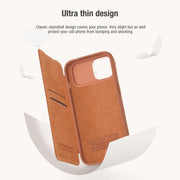 For iPhone 15 NILLKIN QIN Series Pro Sliding Camera Cover Design Leather Phone Case(Brown)