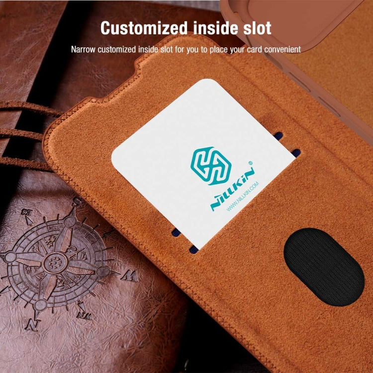 For iPhone 15 NILLKIN QIN Series Pro Sliding Camera Cover Design Leather Phone Case(Brown)
