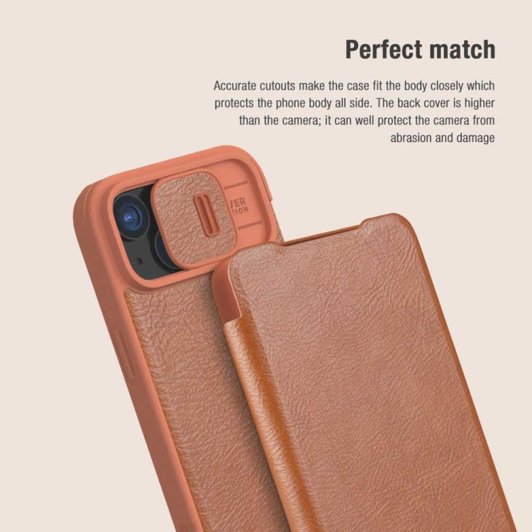 For iPhone 15 NILLKIN QIN Series Pro Sliding Camera Cover Design Leather Phone Case(Brown)