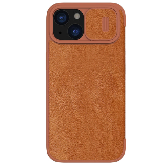 For iPhone 15 NILLKIN QIN Series Pro Sliding Camera Cover Design Leather Phone Case(Brown)