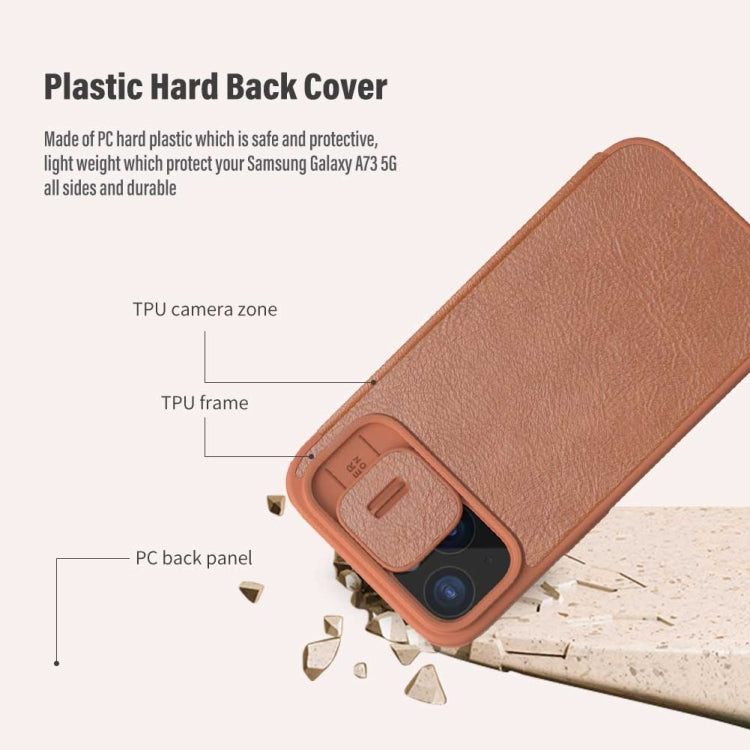 For iPhone 15 NILLKIN QIN Series Pro Sliding Camera Cover Design Leather Phone Case(Brown)
