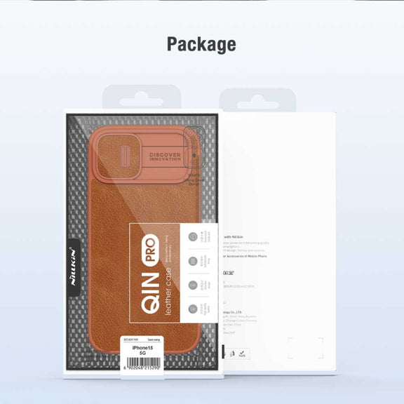 For iPhone 15 NILLKIN QIN Series Pro Sliding Camera Cover Design Leather Phone Case(Brown)