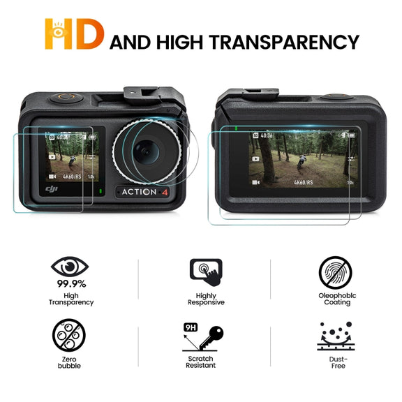 For DJI Osmo Action 4 STARTRC 3 in 1 Lens Protector Front and Rear Screen Tempered Glass Films(2 Sets)