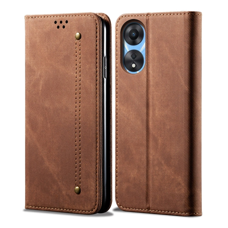 For OPPO A58 4G Denim Texture Casual Style Horizontal Flip Leather Case(Brown)