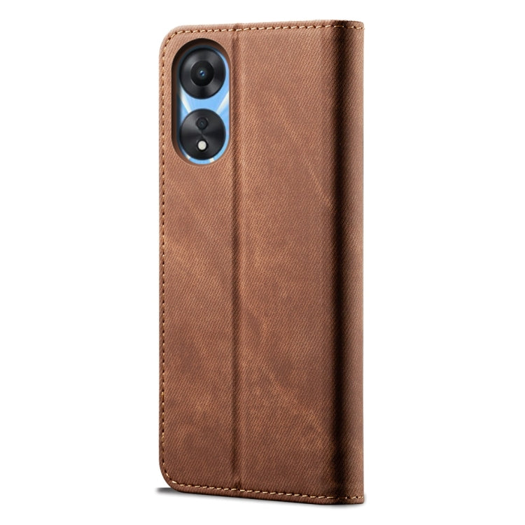 For OPPO A58 4G Denim Texture Casual Style Horizontal Flip Leather Case(Brown)