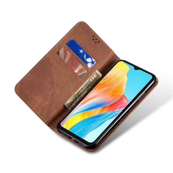 For OPPO A58 4G Denim Texture Casual Style Horizontal Flip Leather Case(Brown)