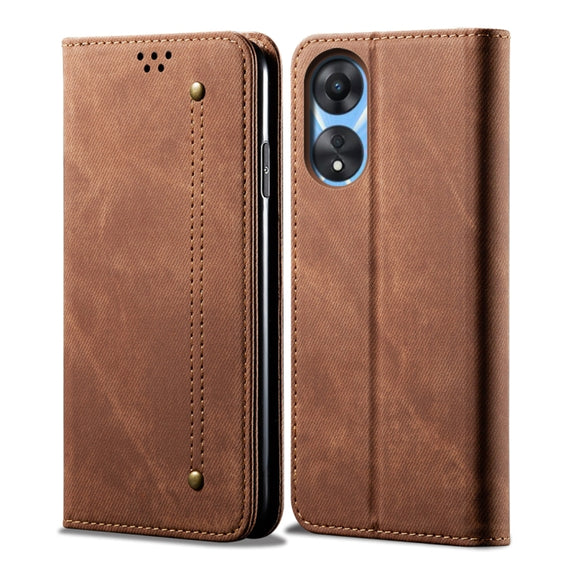 For OPPO A58 4G Denim Texture Casual Style Horizontal Flip Leather Case(Brown)