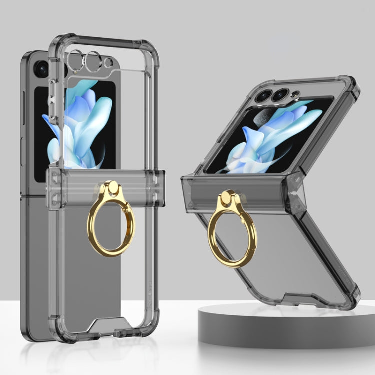 For Samsung Galaxy Z Flip5 Gkk Airbag Hinge Silicone Phone Case with Ring Holder(Transparent Black)