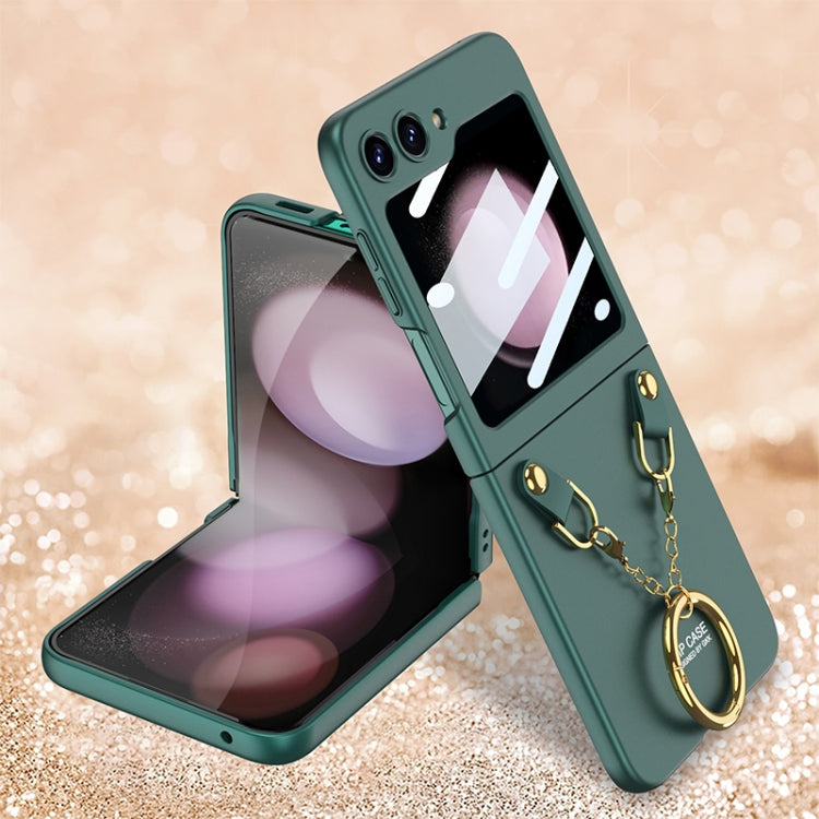 For Samsung Galaxy Z Flip5 GKK Integrated Necklace Hinged Flip Phone Case with Ring Holder(Green)