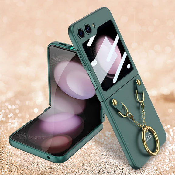 For Samsung Galaxy Z Flip5 GKK Integrated Necklace Hinged Flip Phone Case with Ring Holder(Green)