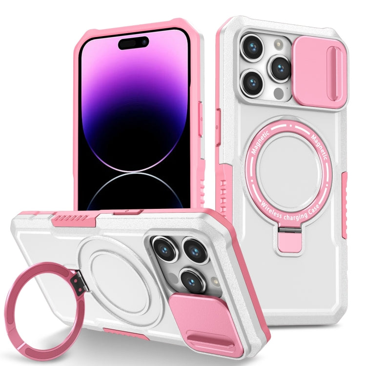 For iPhone 14 Pro Max Sliding Camshield MagSafe Holder TPU Hybrid PC Phone Case(Pink White)