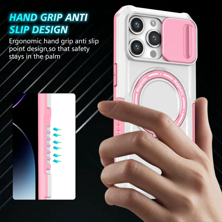 For iPhone 14 Pro Max Sliding Camshield MagSafe Holder TPU Hybrid PC Phone Case(Pink White)