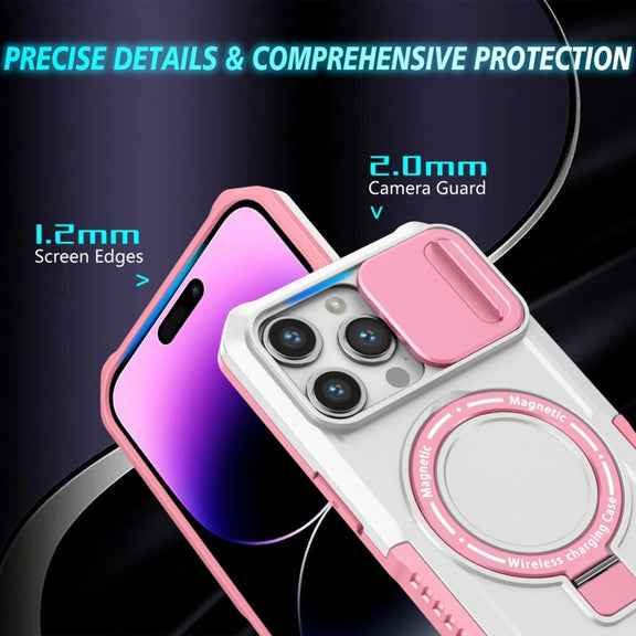 For iPhone 14 Pro Max Sliding Camshield MagSafe Holder TPU Hybrid PC Phone Case(Pink White)