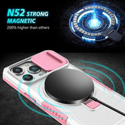 For iPhone 14 Pro Max Sliding Camshield MagSafe Holder TPU Hybrid PC Phone Case(Pink White)