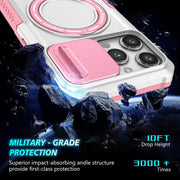 For iPhone 14 Pro Max Sliding Camshield MagSafe Holder TPU Hybrid PC Phone Case(Pink White)