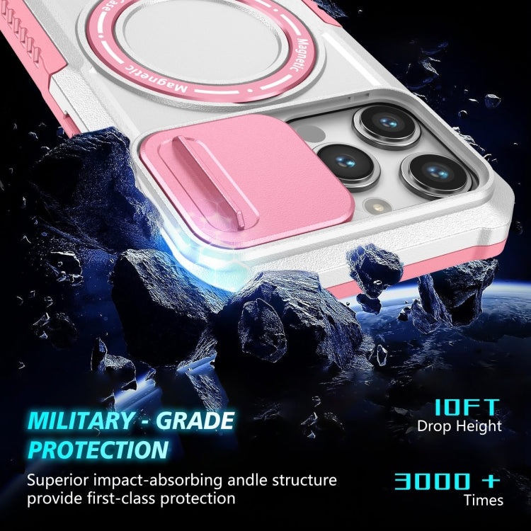 For iPhone 14 Pro Max Sliding Camshield MagSafe Holder TPU Hybrid PC Phone Case(Pink White)