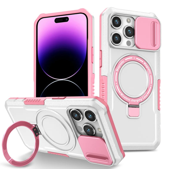 For iPhone 14 Pro Max Sliding Camshield MagSafe Holder TPU Hybrid PC Phone Case(Pink White)