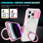 For iPhone 14 Pro Max Sliding Camshield MagSafe Holder TPU Hybrid PC Phone Case(Pink White)