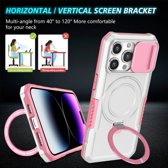 For iPhone 14 Pro Max Sliding Camshield MagSafe Holder TPU Hybrid PC Phone Case(Pink White)