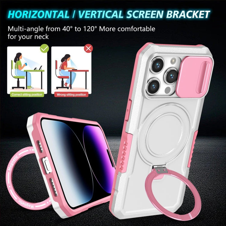 For iPhone 14 Pro Max Sliding Camshield MagSafe Holder TPU Hybrid PC Phone Case(Pink White)
