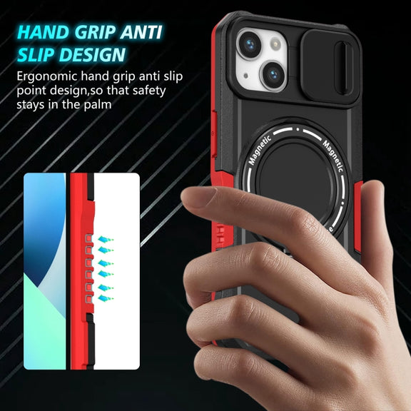 For iPhone 13 Sliding Camshield MagSafe Holder TPU Hybrid PC Phone Case(Black Red)