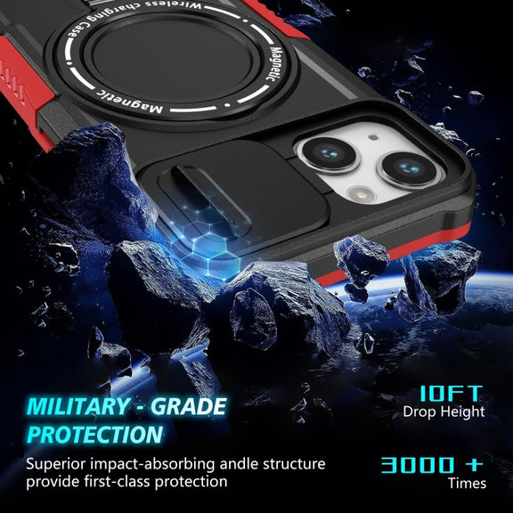 For iPhone 13 Sliding Camshield MagSafe Holder TPU Hybrid PC Phone Case(Black Red)