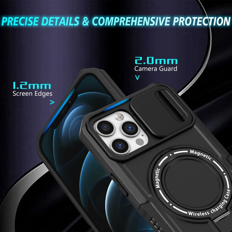 For iPhone 12 Pro Max Sliding Camshield MagSafe Holder TPU Hybrid PC Phone Case(Black)