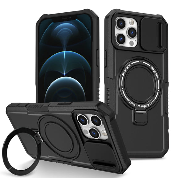 For iPhone 12 Pro Max Sliding Camshield MagSafe Holder TPU Hybrid PC Phone Case(Black)