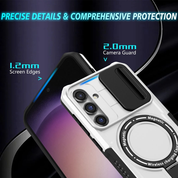 For Samsung Galaxy S23 FE 5G Sliding Camshield Magsafe Holder TPU Hybrid PC Phone Case(Black White)