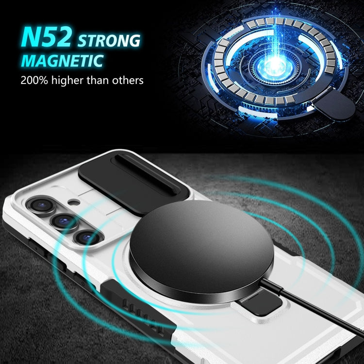 For Samsung Galaxy S23 FE 5G Sliding Camshield Magsafe Holder TPU Hybrid PC Phone Case(Black White)