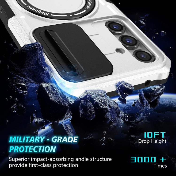 For Samsung Galaxy S23 FE 5G Sliding Camshield Magsafe Holder TPU Hybrid PC Phone Case(Black White)