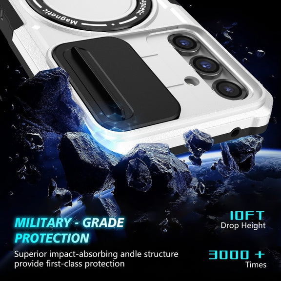 For Samsung Galaxy S23 FE 5G Sliding Camshield Magsafe Holder TPU Hybrid PC Phone Case(Black White)