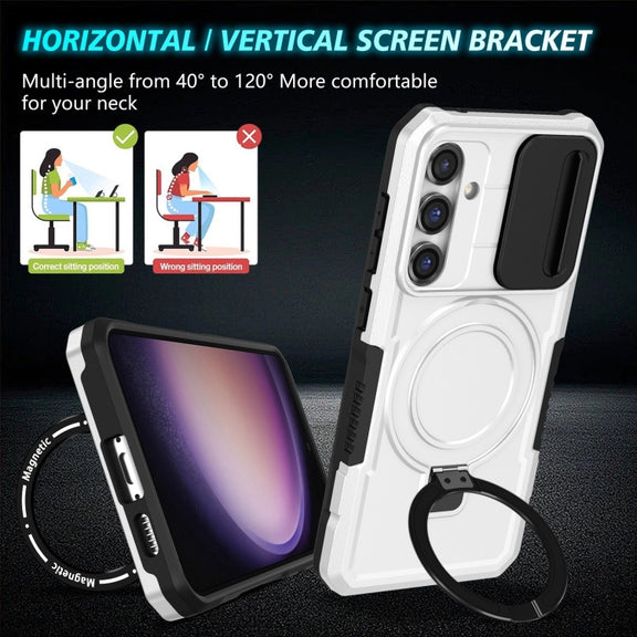 For Samsung Galaxy S23 FE 5G Sliding Camshield Magsafe Holder TPU Hybrid PC Phone Case(Black White)
