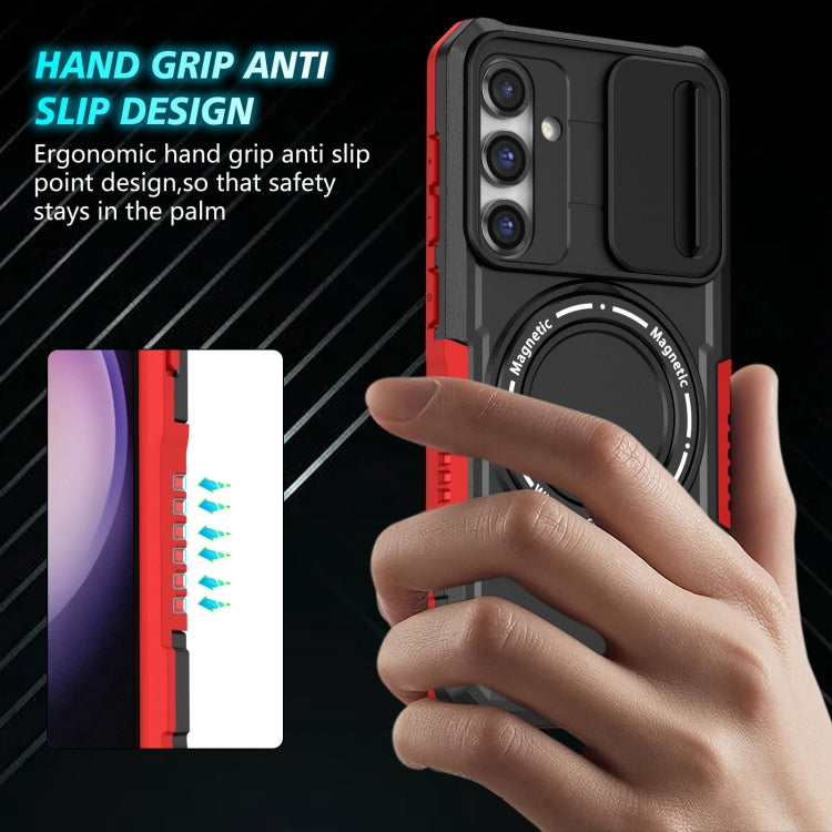 For Samsung Galaxy S23 FE 5G Sliding Camshield Magsafe Holder TPU Hybrid PC Phone Case(Black Red)