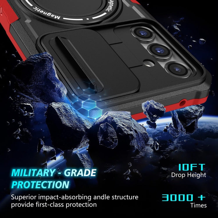 For Samsung Galaxy S23 FE 5G Sliding Camshield Magsafe Holder TPU Hybrid PC Phone Case(Black Red)